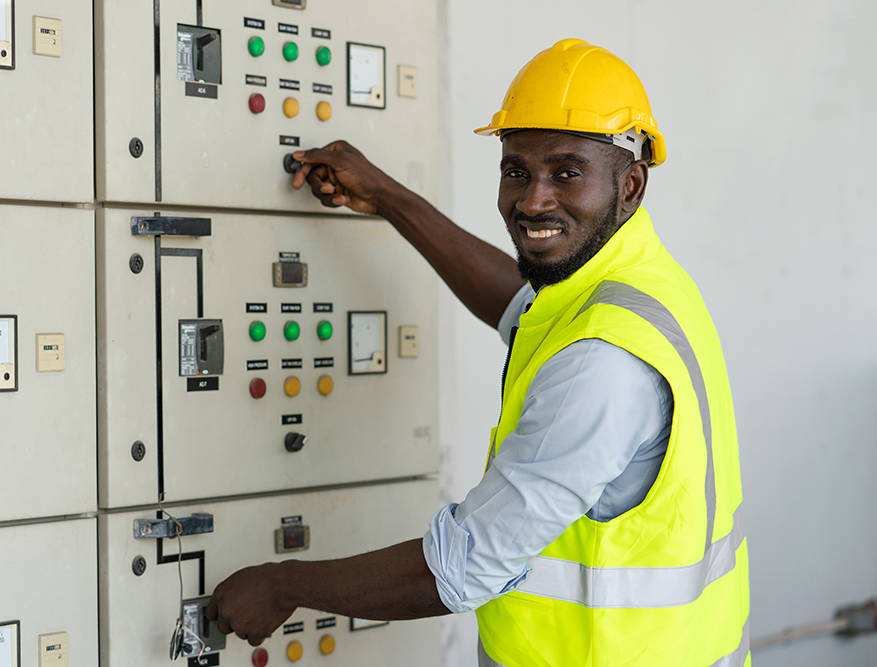 African electrical worker open power circuit breaker voltage swi African electrical worker open power circuit breaker voltage switch at warehouse factory